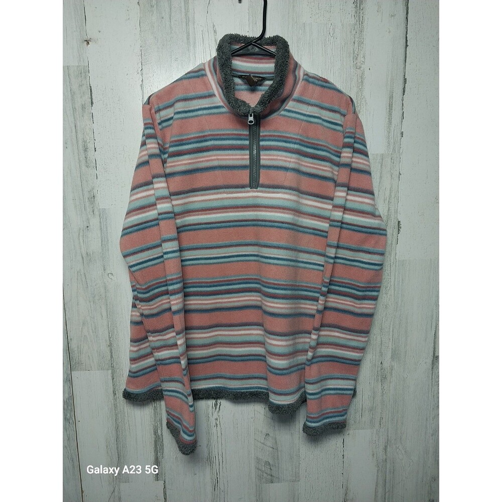 Bit & Bridle Women's Fleece Pullover size Large Peach Stripe 1/4 zip mock neck